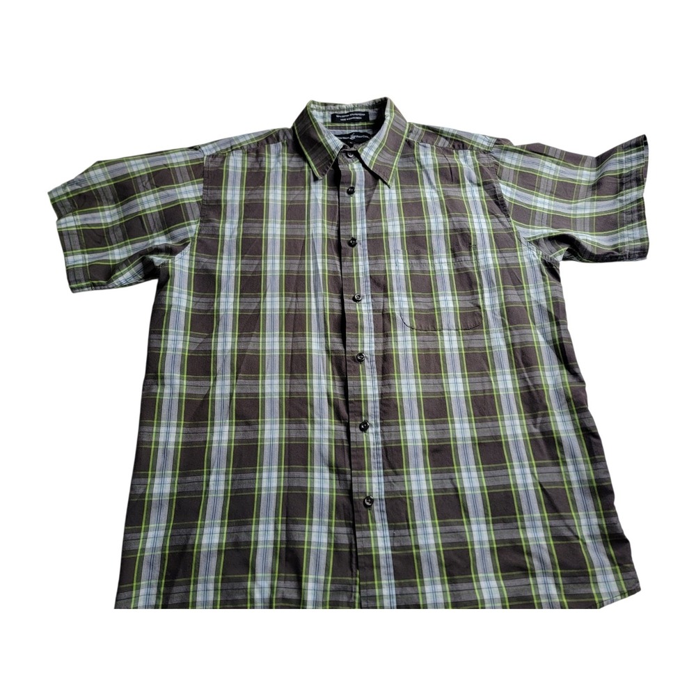Beverly Hills Ralph Polo Short Sleeve Shirt Plaid Grreen Brown L Large